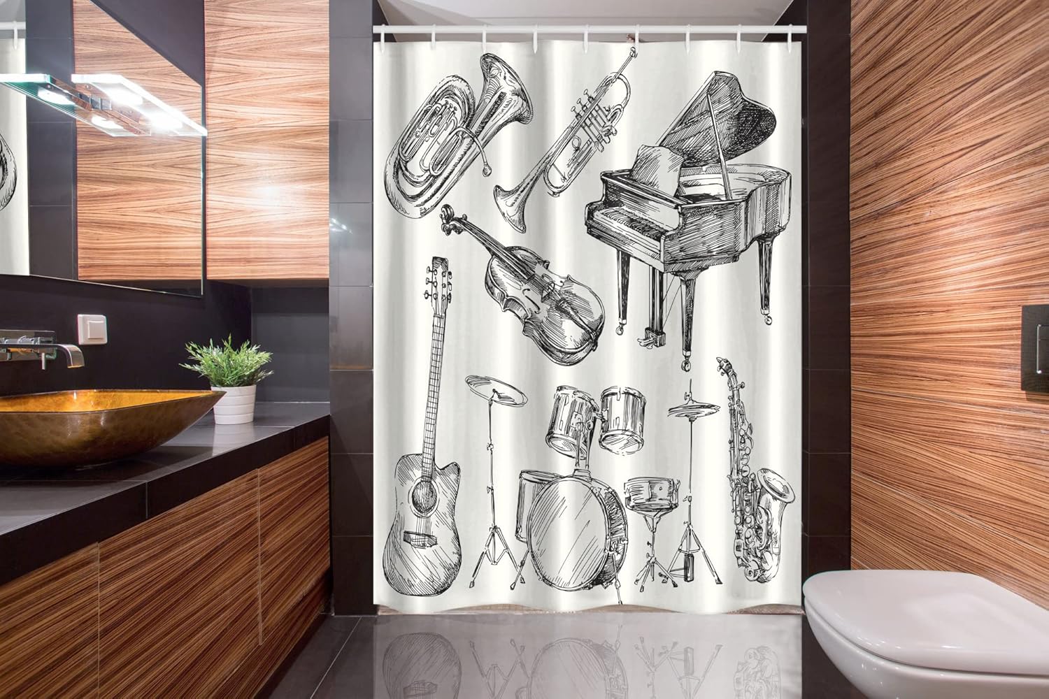 Ambesonne Jazz Music Stall Shower Curtain, Illustration of Musical Instruments Sketch Style Art Trumpet Piano Guitar, Fabric Bathroom Decor Set with Hooks, 54" W x 78" L, Beige Black