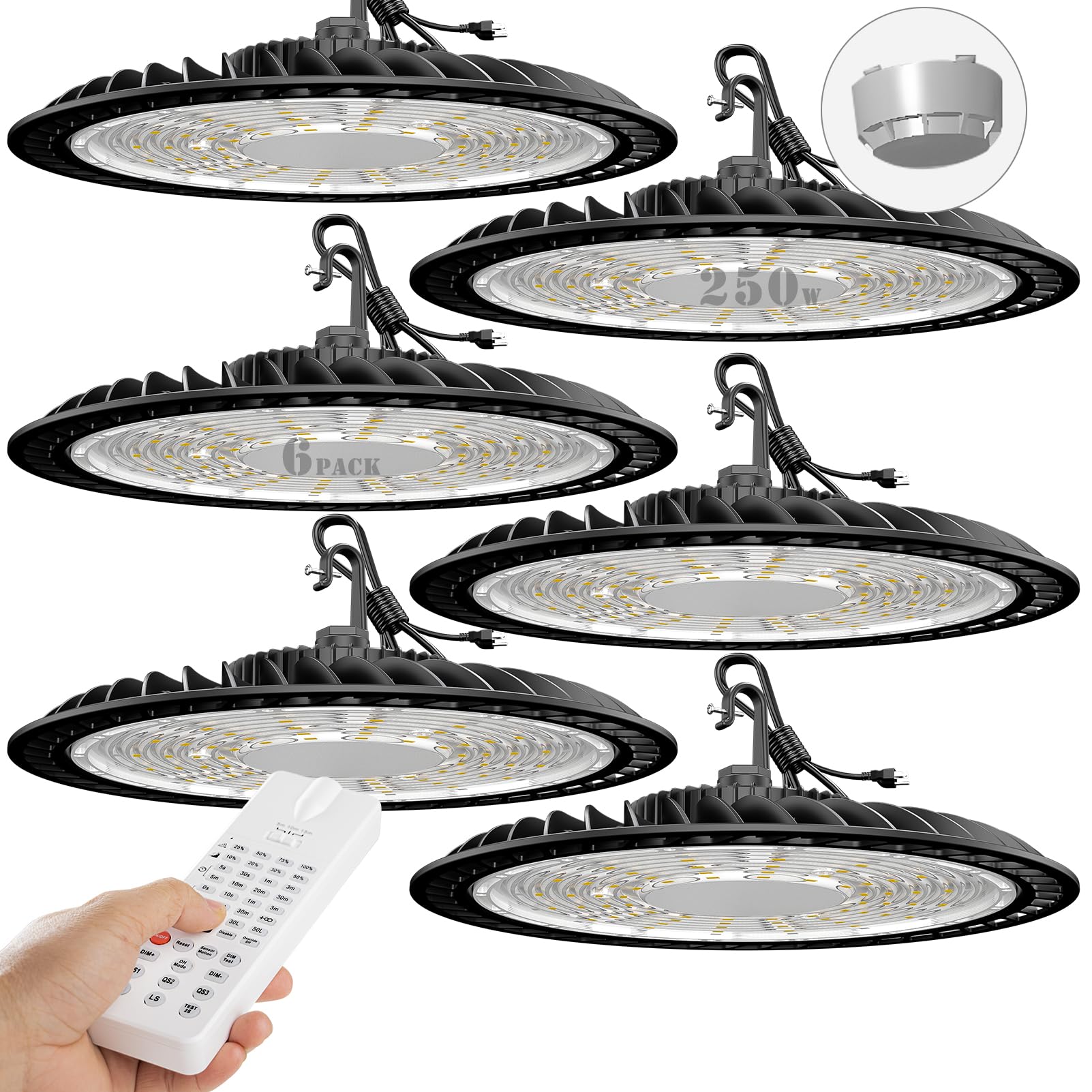 Photo 1 of 250W Smart (Energy Saving self -Setting) LED High Bay Light 35000LM Dimmable/Sensing Distance/Hold Time DIY LED High Bay Shop Light 5000K UFO Lights with Multifunctional Remote-6Pack 5Yrs Warranty With Remote 250W || 6 Pack