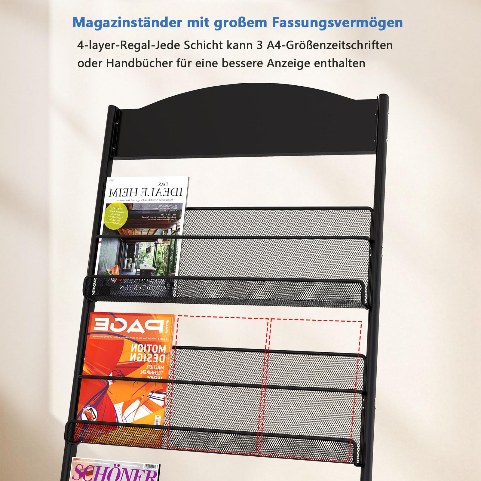 4-stufiger Prospektständer Bodenstehender, Metall Zeitungsständer mit 4-Rädern, Zeitschriftenständer A4 Stehend Flyerständer Broschürenständer Katalogständer für öffentlichen Orten