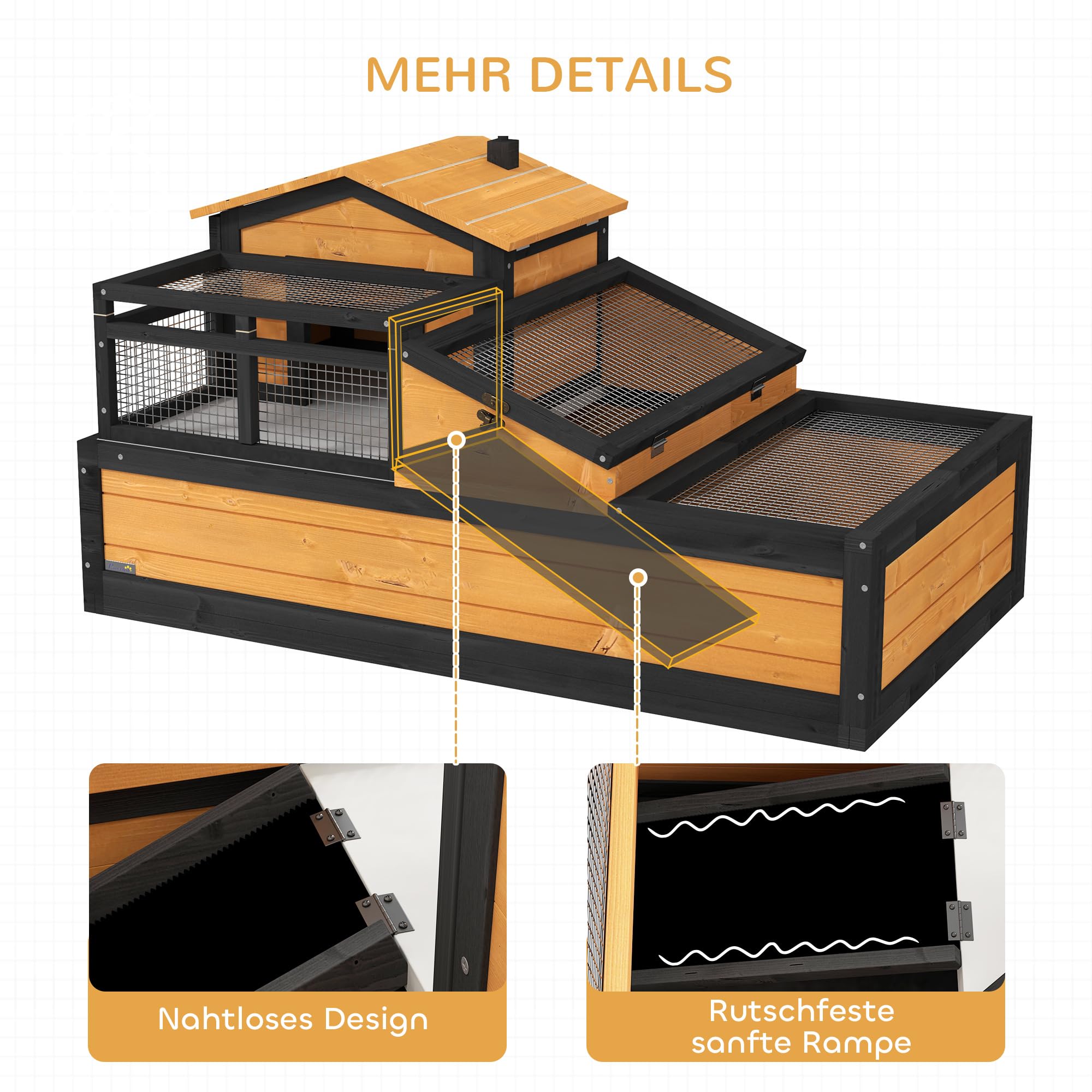 PawHut tortuguera de Madera, recinto para Tortugas con Dos Niveles, Tapa abatible, balcón, Jaula Exterior para Reptiles pequeños 112 x 65 x 60 cm, Amarillo | Recinto para tortugas, casas principales, jaula de reptiles al aire libre, techo abierto, terrari