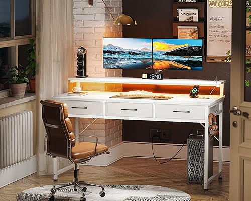 Miniatura 9 de ODK Escritorio para computadora de 55 pulgadas con 3 cajones y tomas de corriente USB, escritorios de oficina en casa con luces LED y soporte de
