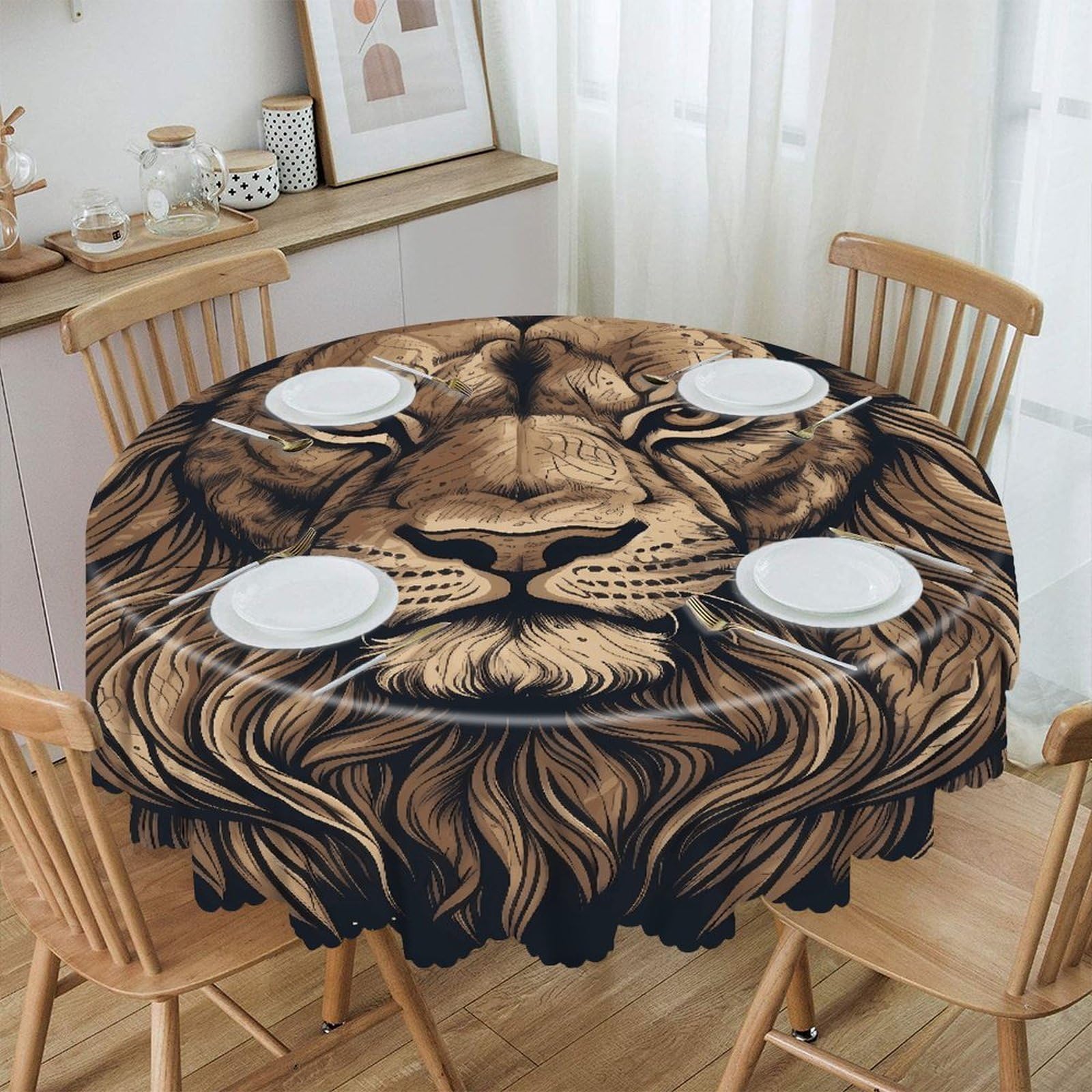 VstaDank Cartoon Lion Round Tablecloth Wipeable Round Polyester Tablecloth Waterproof Wrinkle Free Indoor and Outdoor Table Cover 60 Inch Decorative Farmhouse Table Cloth for Dining