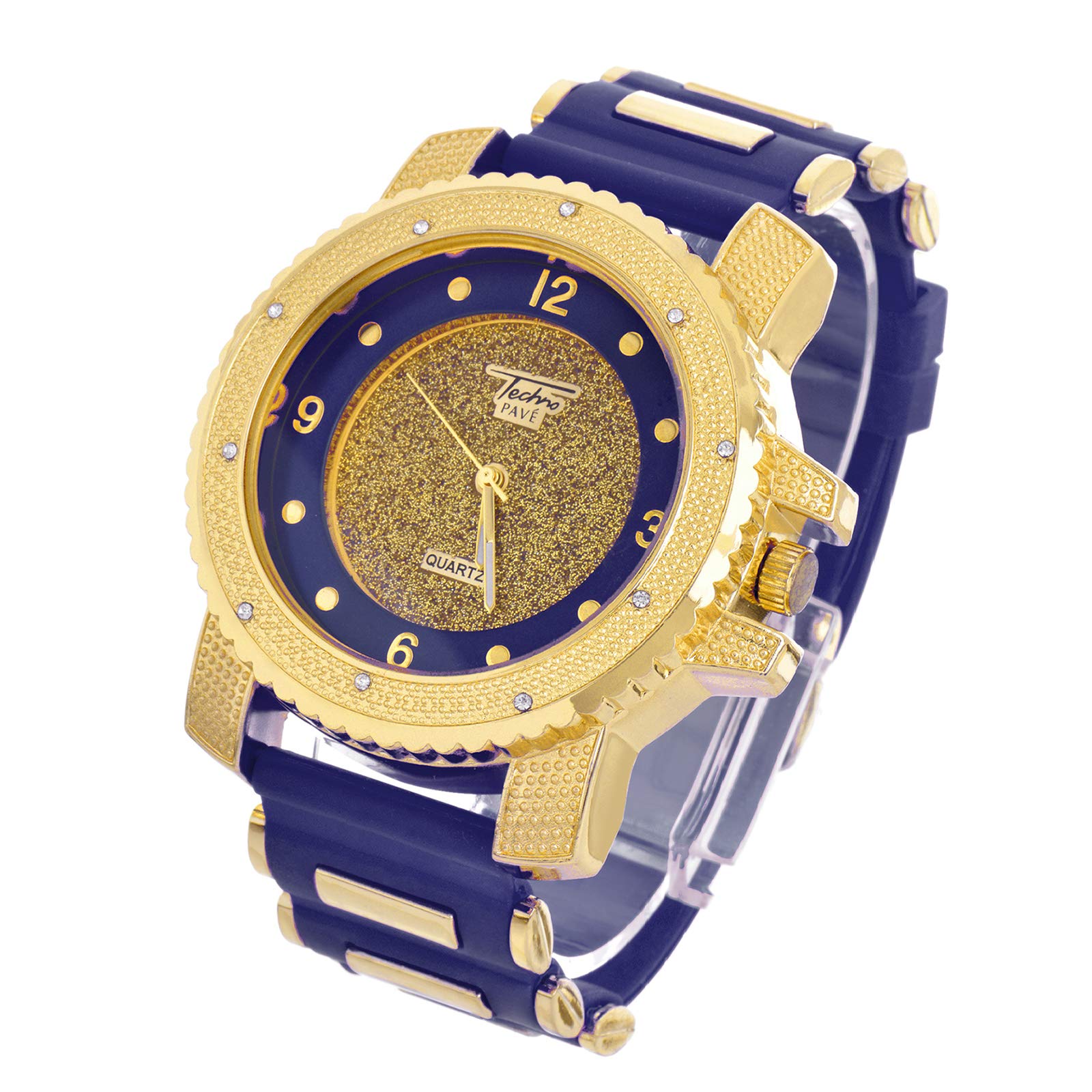 Mens Fashion Iced Out Blue Silicone Band Techno Pave Heavy