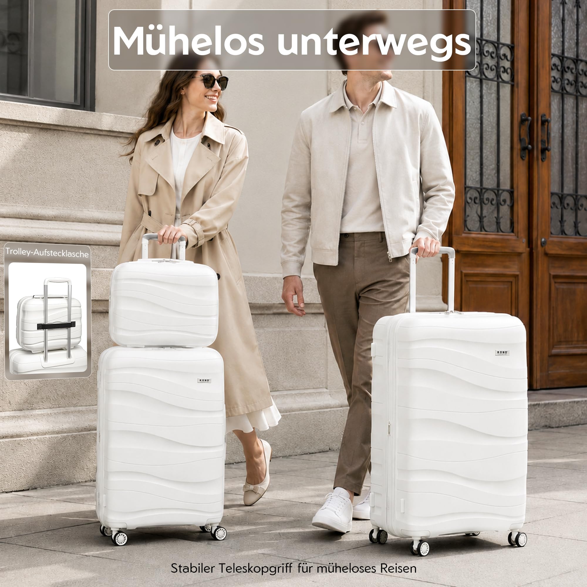 KONO Reisekoffer 75cm Polypropylen Hartschale 4 Rollen TSA Schloss 75x52x30cm Creme Weiß