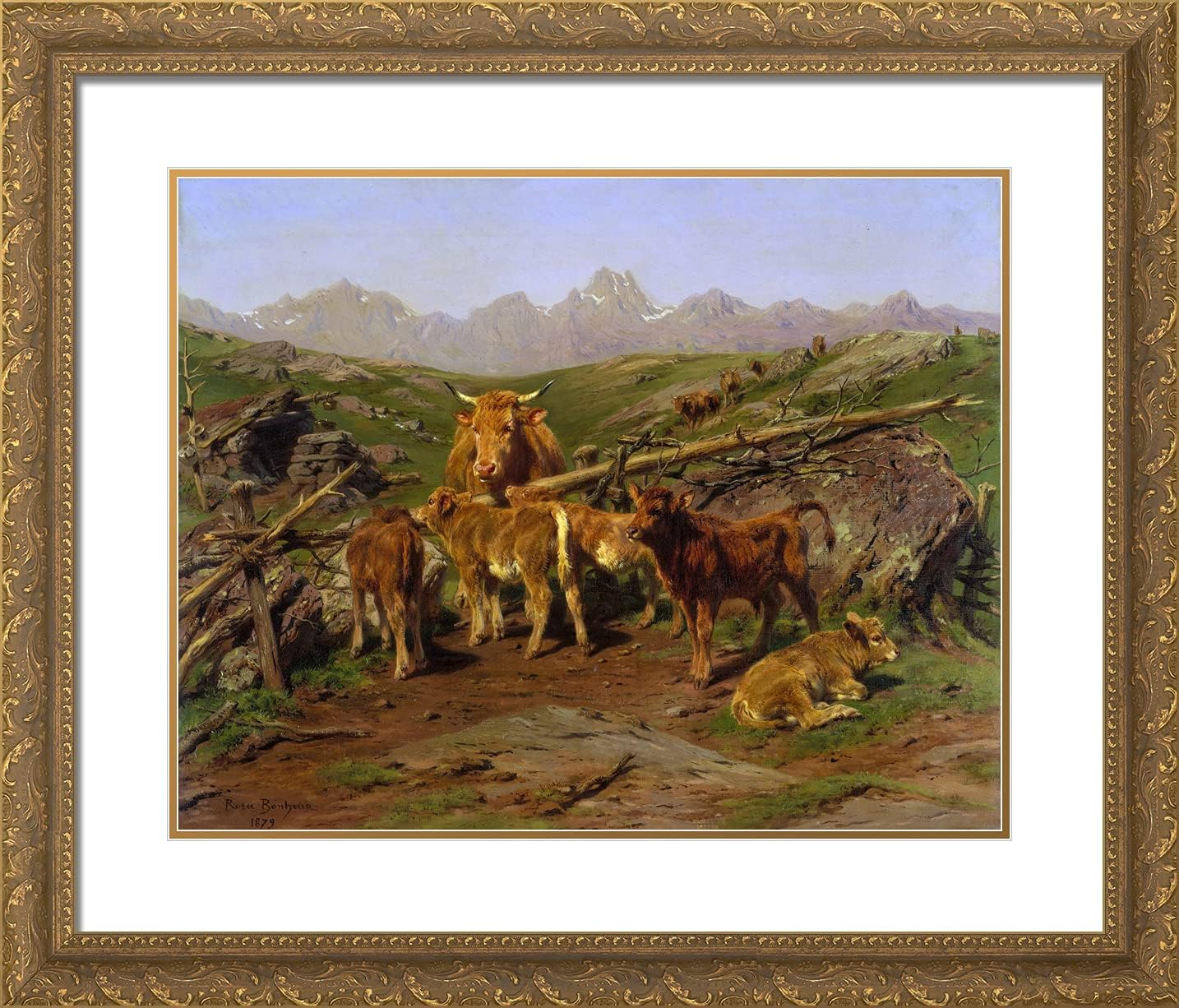 ArtDirect Bonheur Rosa 23x20 Gold Ornate Framed Art Print with Double Matting Titled: Weaning the Calves