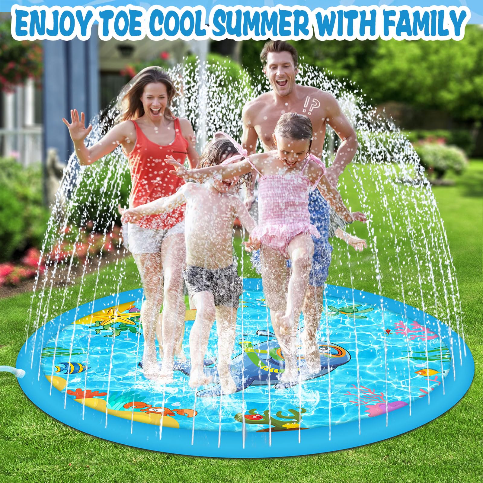 ENCOUN 170cm Tappetino Gioco d'Acqua, Tappetino Giocos d'Acqua per Bambini, Tappetino da Gioco con Spruzzi d'Acqua, Tappetino Giochi Acquas per Cane e Bambini, Splash Pad Esterni da Giardino Estivo