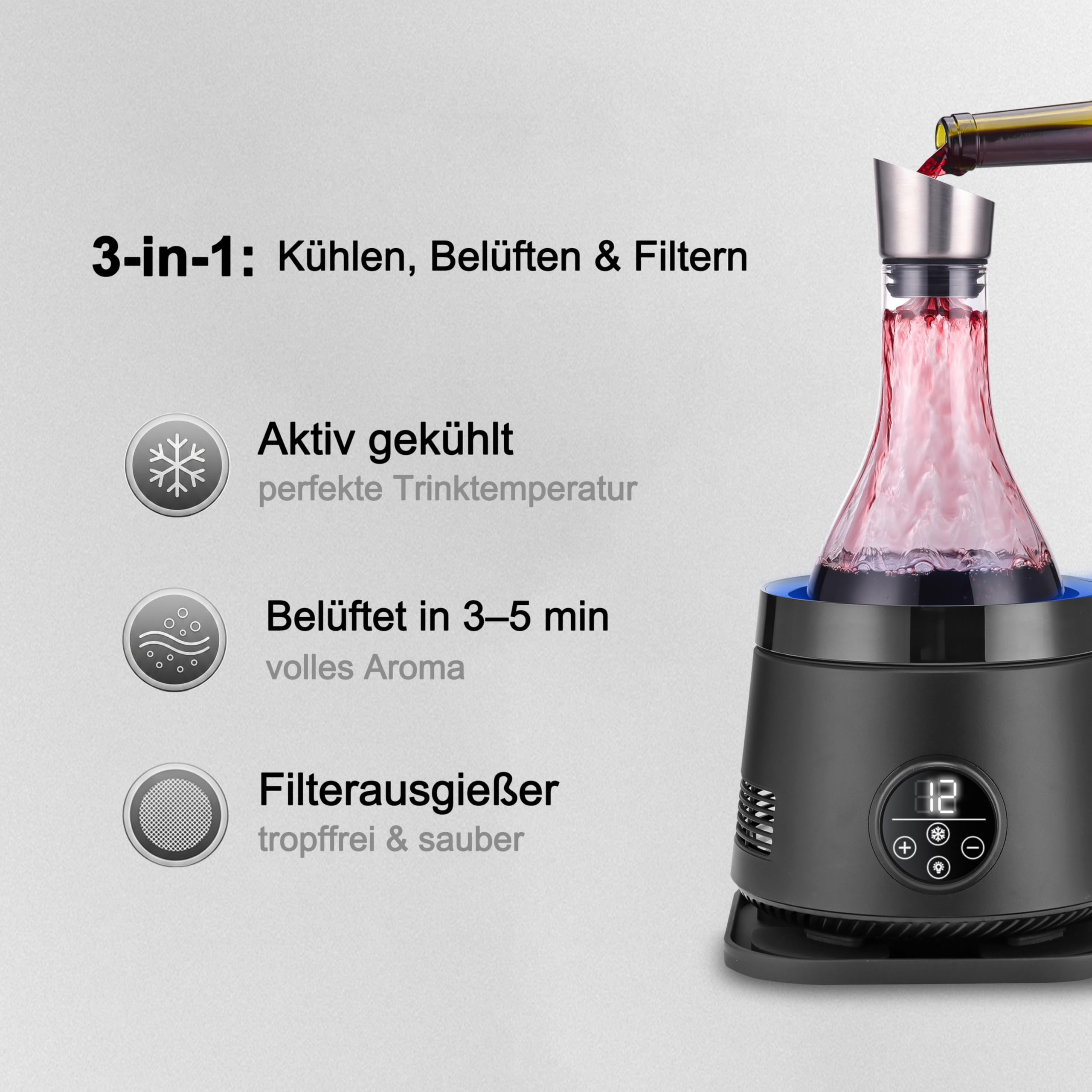 Cobalance Elektrischer Weinkühler & Dekanter mit Weinbelüfter, 1,5 l Glaskaraffe & Flaschenkühler, 24h Temperaturkontrolle für Rot- & Weißwein, 2-in-1, ideales Geschenkset für Weinliebhaber
