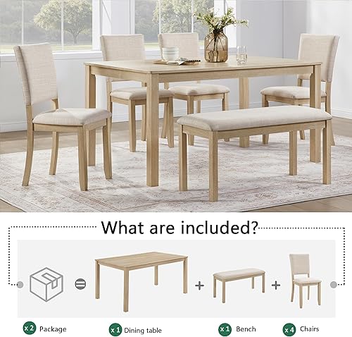 Miniatura 3 de LUMISOL Juego de mesa de comedor de 6 piezas con banco y sillas, juego de mesa de cocina de granja para 6 personas, juego de mesa y sillas de madera