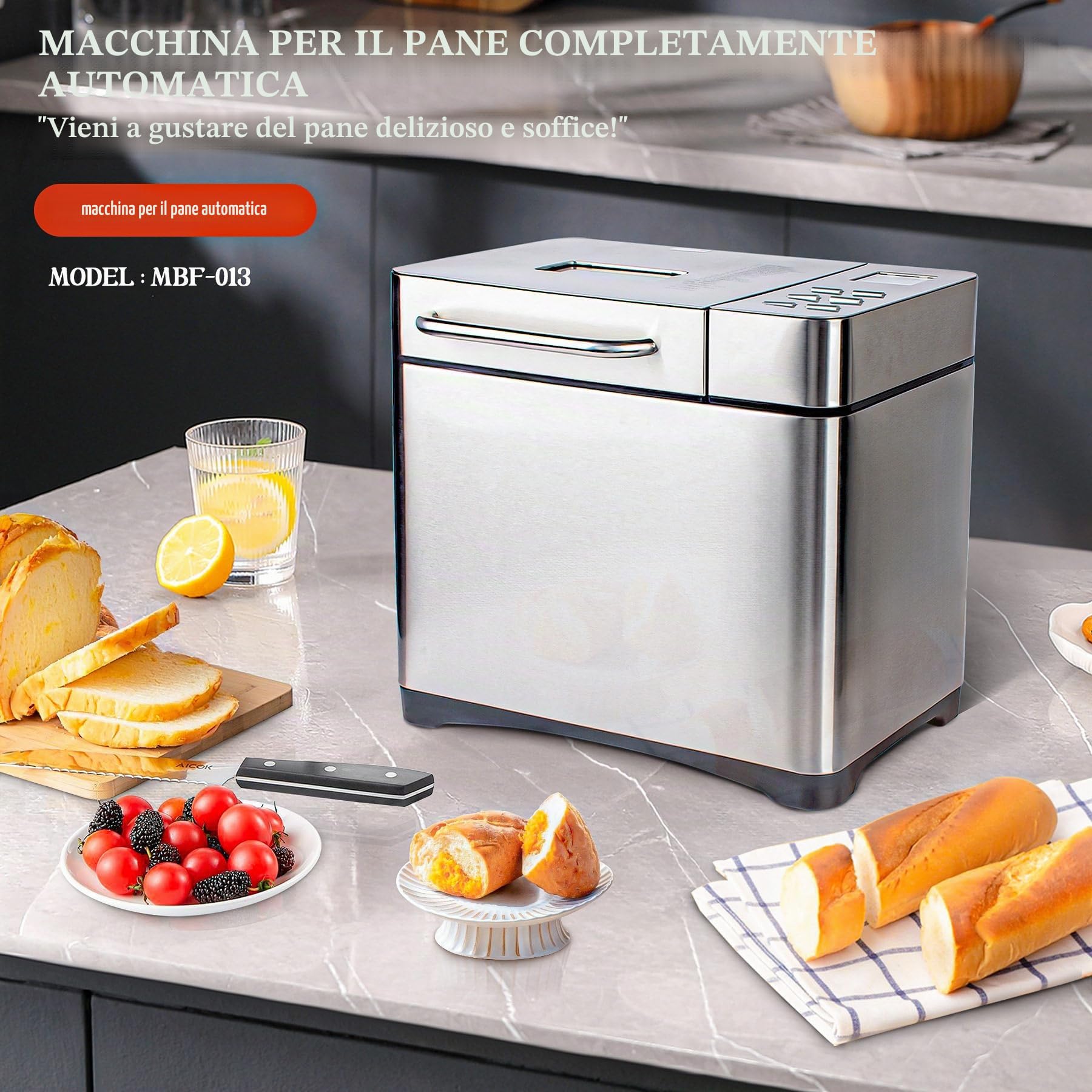 Macchina per Il Pane in Acciaio Inossidabile, 2 libbre, 17 in 1, con distributore di Frutta e Noci, Padella in Ceramica Antiaderente e Pannello Touch Digitale, 3 Dimensioni di pagnotta
