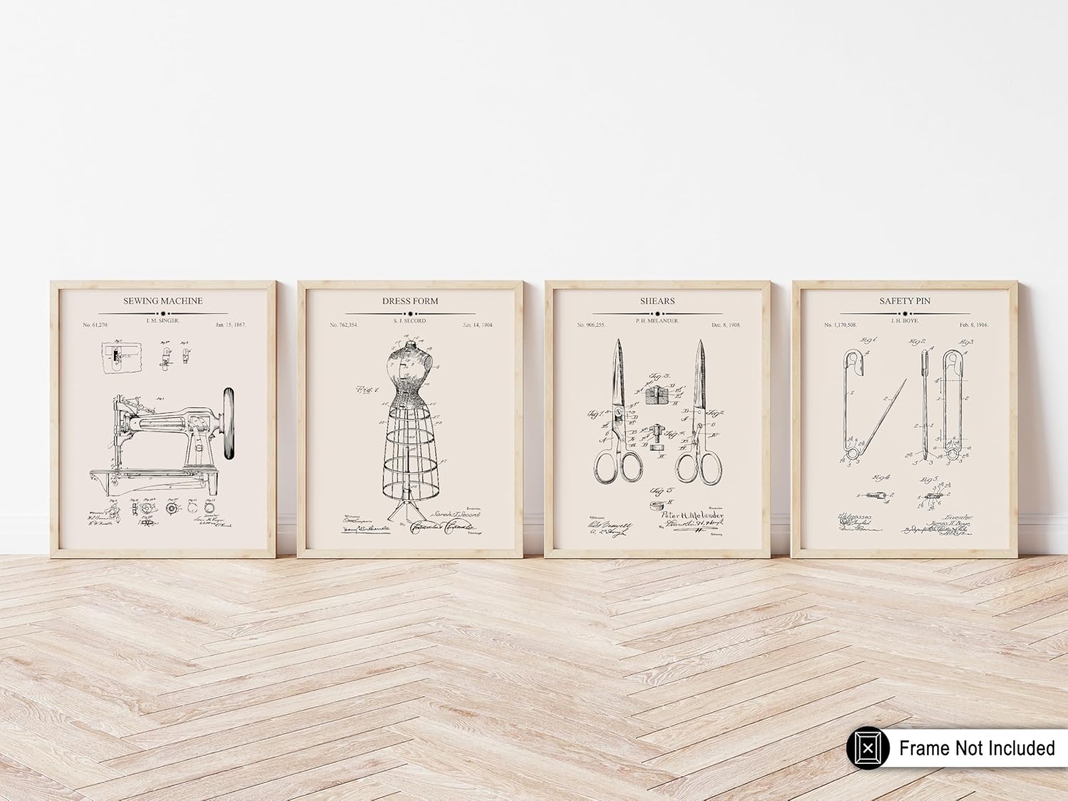 Poster Master 4-Piece Sewing Blueprint Poster - Sewing Machine Patent Print - Dress Foam Art - Shears Illustration - Safety Pin Design - Technical Drawing - Great Office Decor - 8x10 UNFRAMED