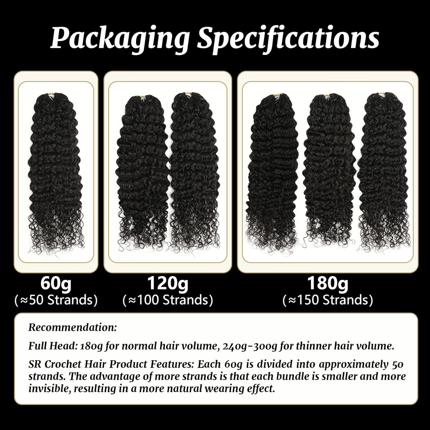 Crochet Hair Extensions Pre Separated Pre Looped 100% Human Hair, Water Wave 18 Inch 120g, 100 Strands Natural Black 1B# (SR03/18P2)