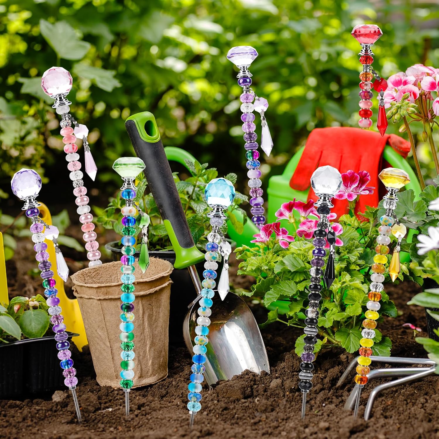 192Pcs DIY Fairy Wand Beaded Garden Stakes Kit, Fairy Garden Stakes Beads and Rods with Sparkling Crystal Pendants, Suitable for Garden Decorative Outdoor Beadable Items(10IN) - Image 6