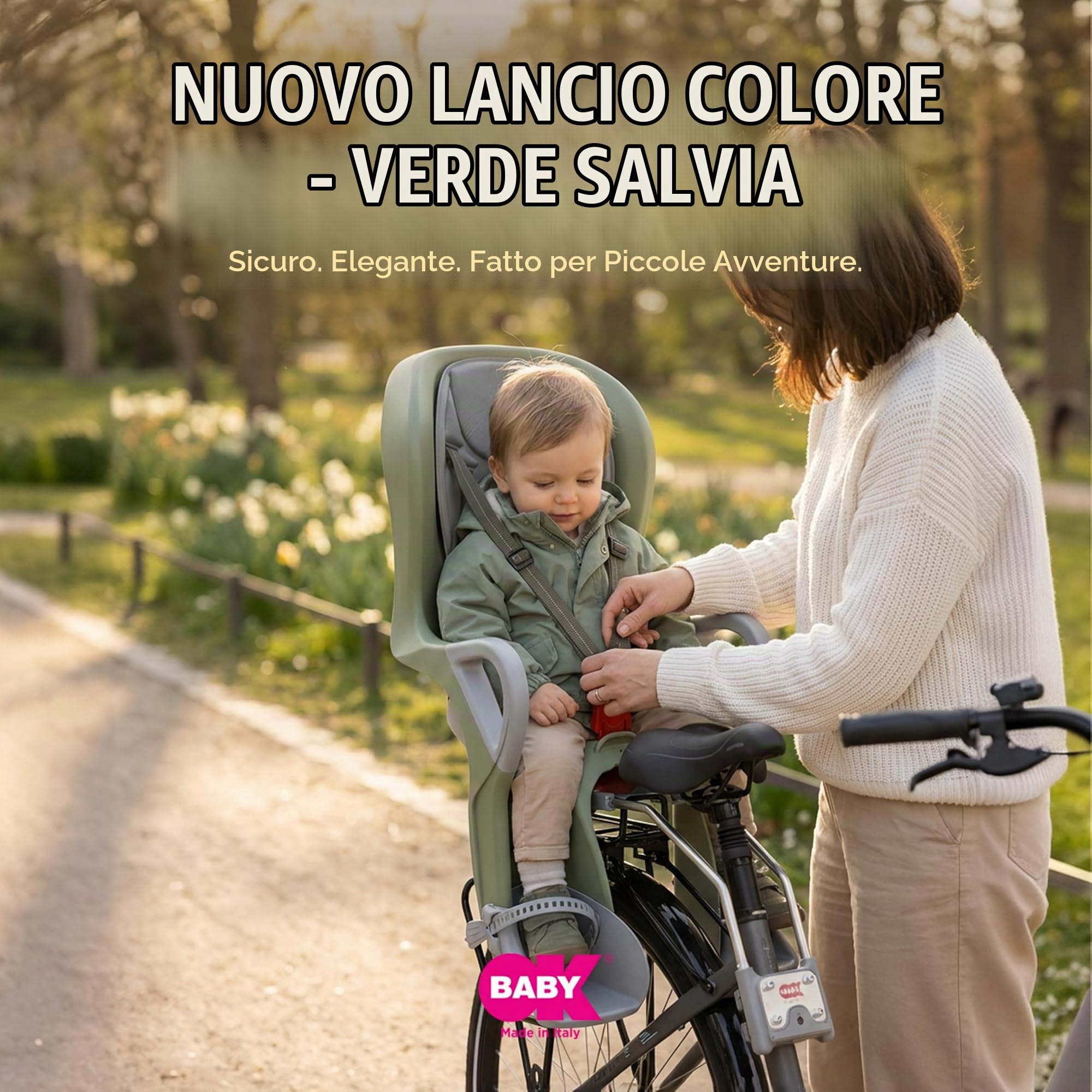 OKBABY 10+ - Seggiolino da Bicicletta Posteriore per Bambini Fino a 22 kg, Reclinabile - Verde Salvia