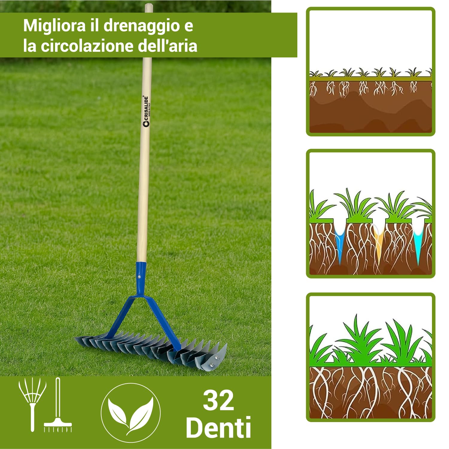 Crisalide® - Rastrello Sarchiatore Arieggiatore, Rastrello da Prato, 32 Denti In Acciaio Zincato, 35cm, Con e Senza Manico (Con Manico)