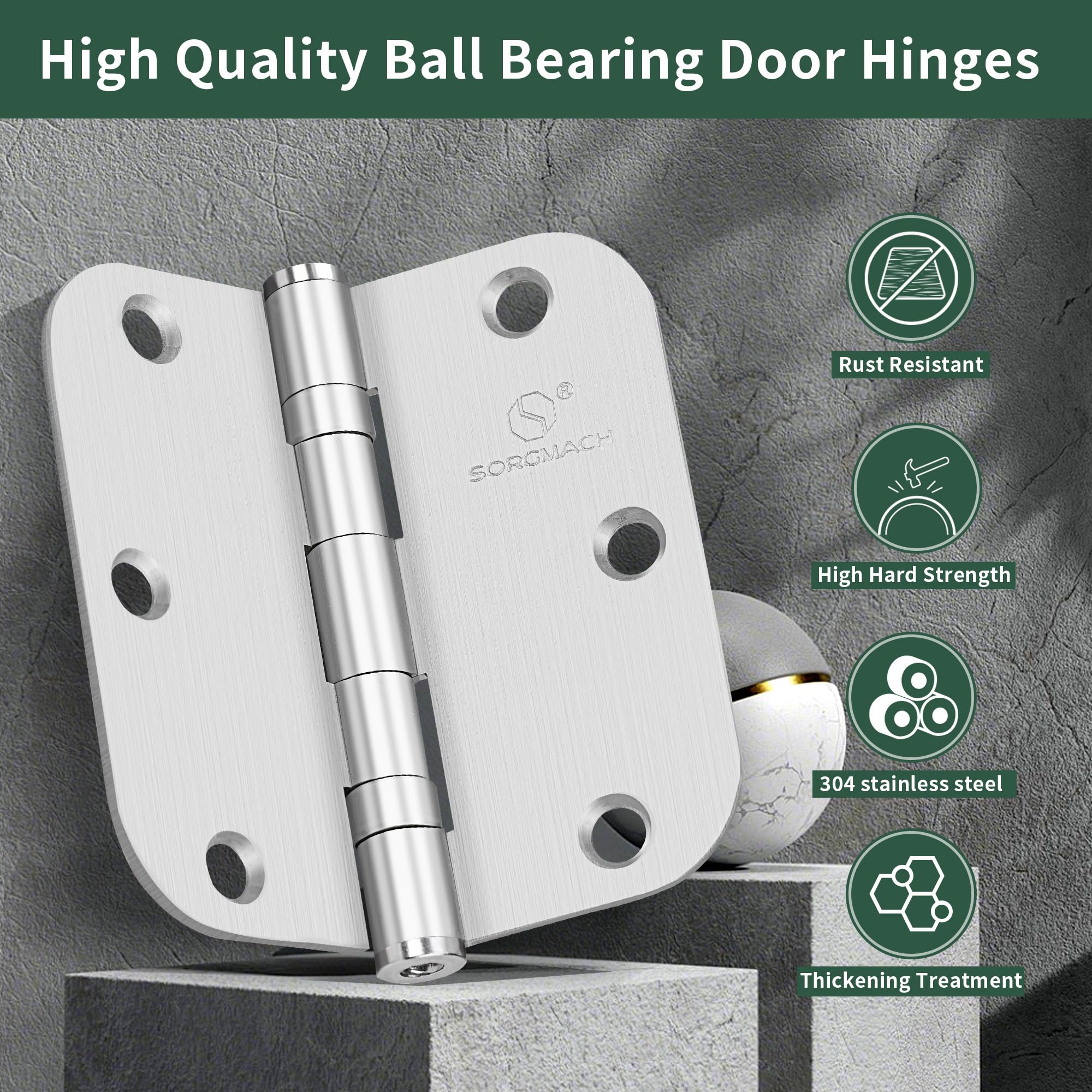 Bisagras de acero inoxidable 304 con esquinas de radio de 5/8, rodamiento de bolas de 3.5 pulgadas, bisagras de puerta de níquel satinado cepillado para puerta interior y exterior, paquete de