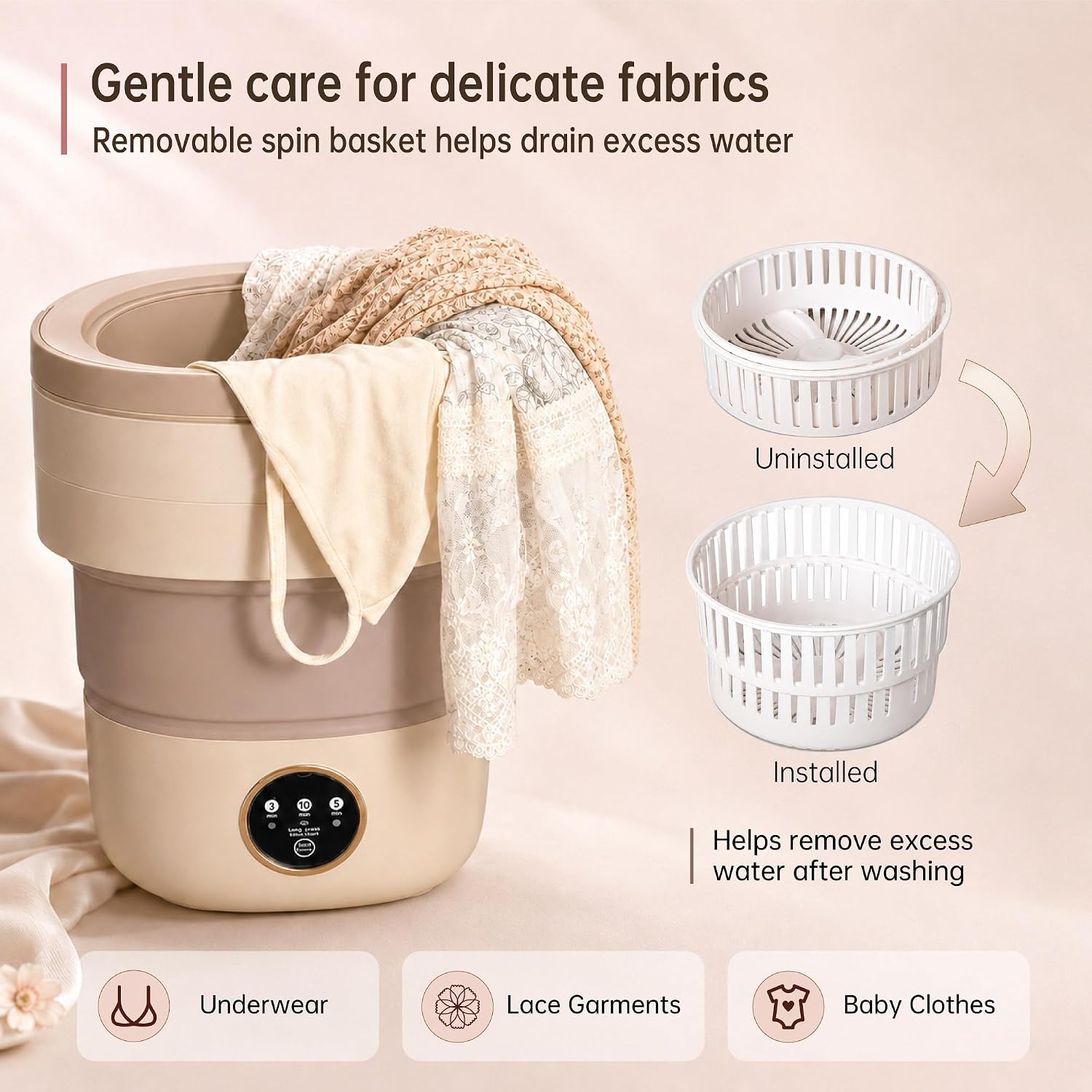 Portable Washing Machine, 16L Foldable Mini Washer with Spin Basket, Khaki