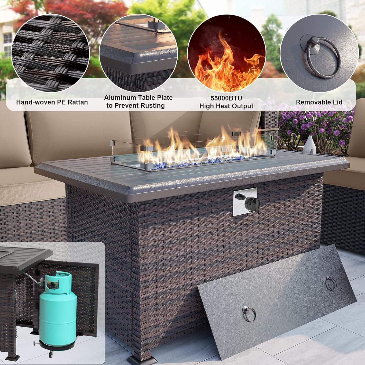 ALAULM Patio Furniture Set with Fire Pit Table 55000 BTU, Outdoor Sectional with Wide Seat and Thick Cushion, 15 Piece Wicker Rattan Conversation Set with Coffee Table for Garden, Deck, Sand