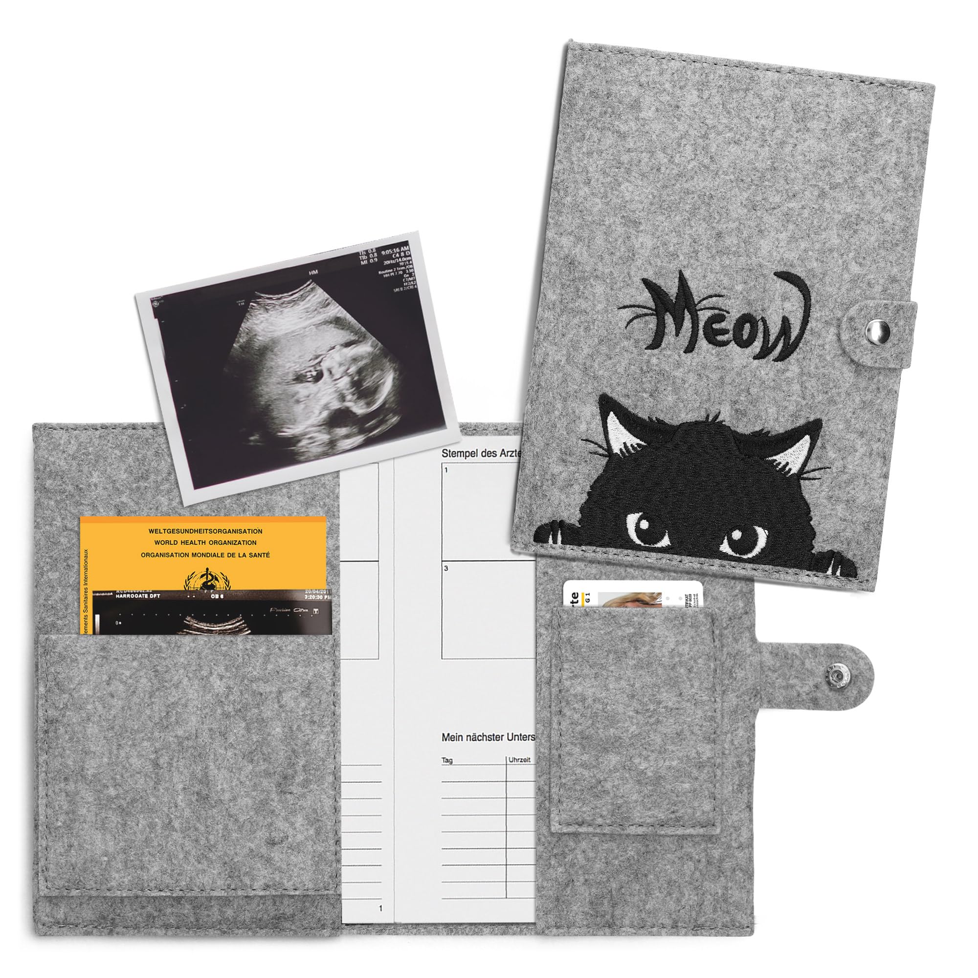 kwmobile Mutterpasshülle aus Filz - Hülle für deutschen Mutterpass mit extra Fächern - Cover Katze Meow