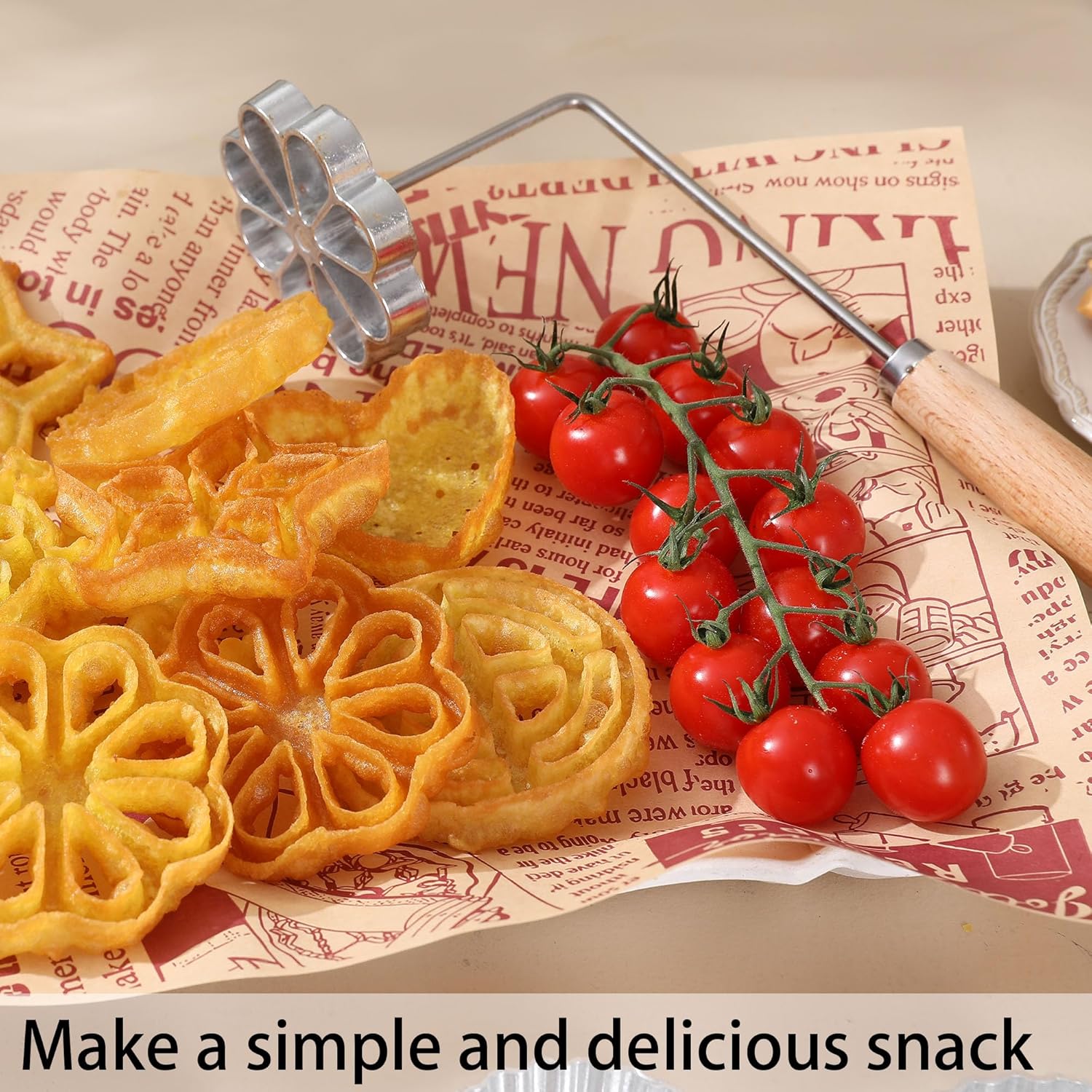 Rosette Maker with 8 Heads Bunuelos Mold with 2 Handle Waffle Cooking Stamp Cookie Press Mold for Kitchen Baking Funnel Cake Mould Star Flower Circle Heart Hexagon Square 10 Pieces