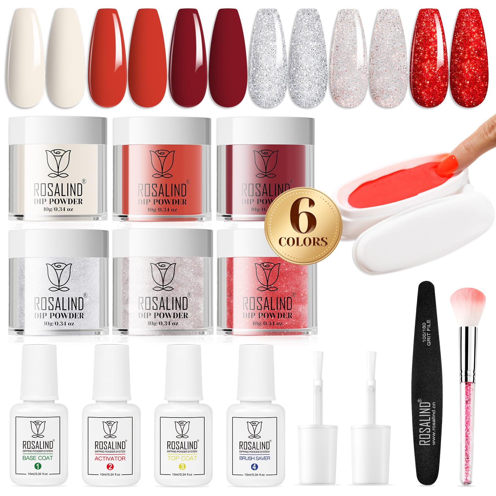 ROSALIND 13PCS Dip Nails Powder Starter Kit, 6 Colors Dip Powder Nail Kit White Red Glitter Series Nail Dip Powder Colors Set with Base & Top Coat, Brush Restorer and Activator Air Drying-image-48