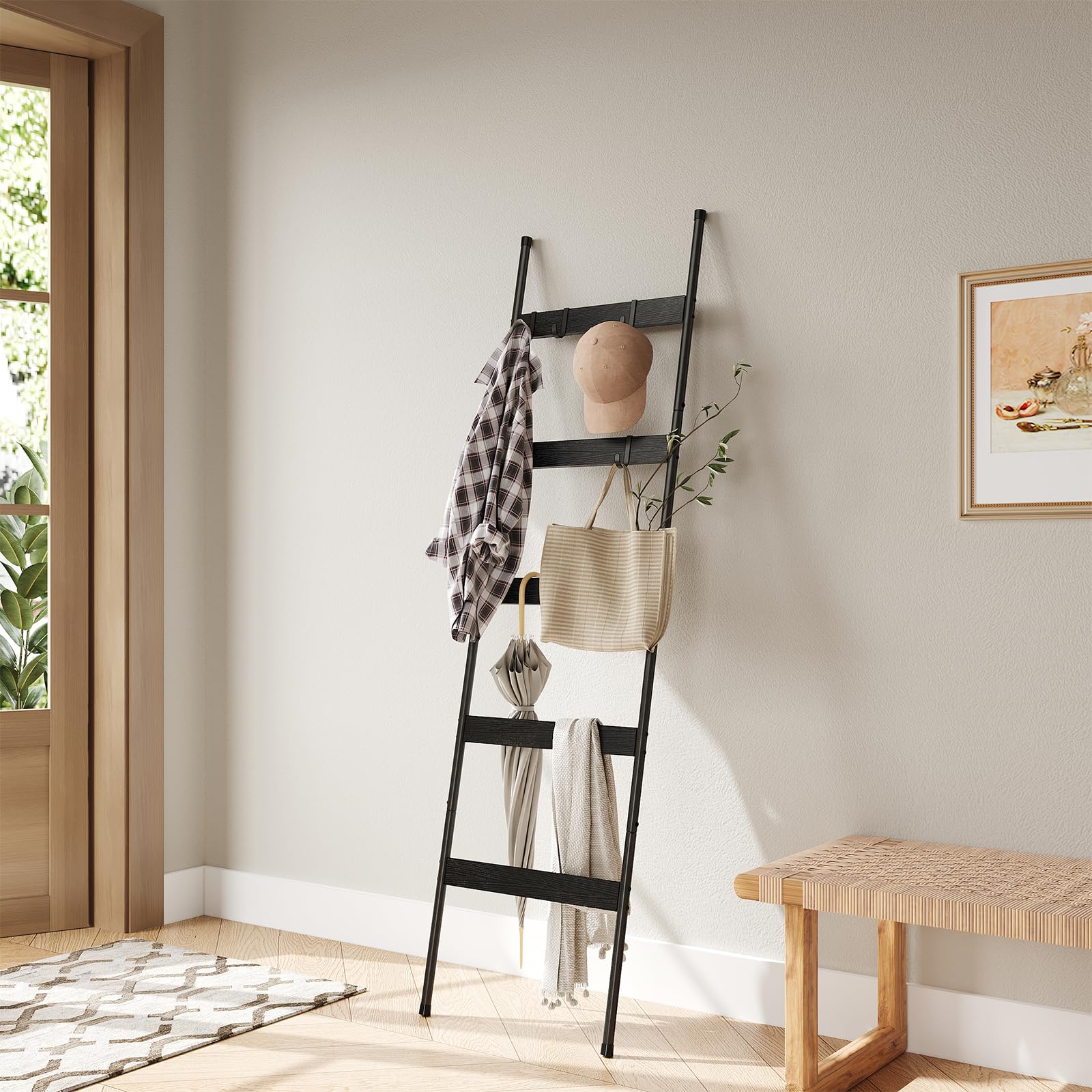 Escalera para manta para sala de estar, soporte de edredón de 5 niveles con 4 ganchos extraíbles para baño, estante de toallas de madera, soporte decorativo inclinado para anclaje de pared para 6