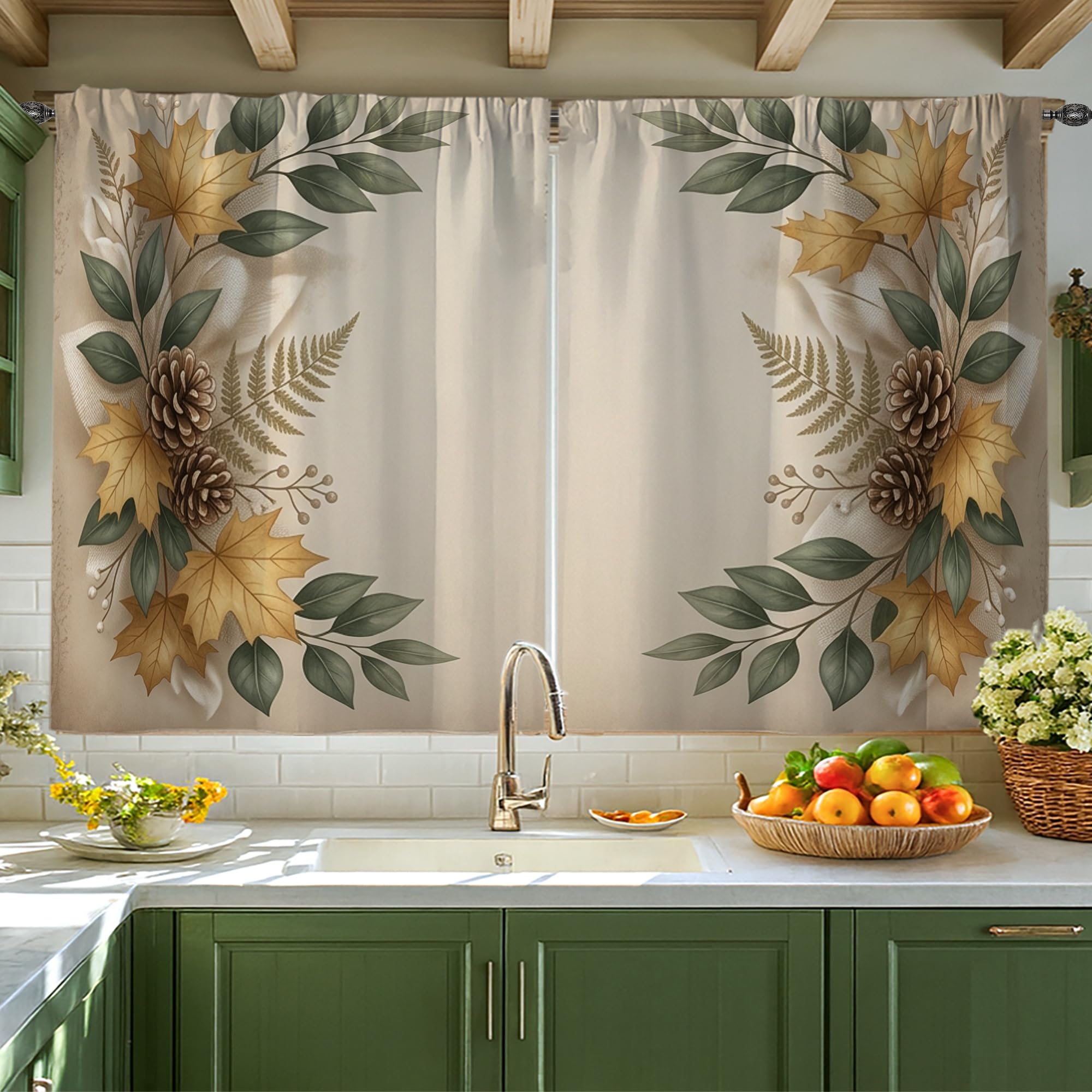 Rideaux courts 106 x 114 cm jaune automne rustiques pour fenêtre cuisine et salle à manger