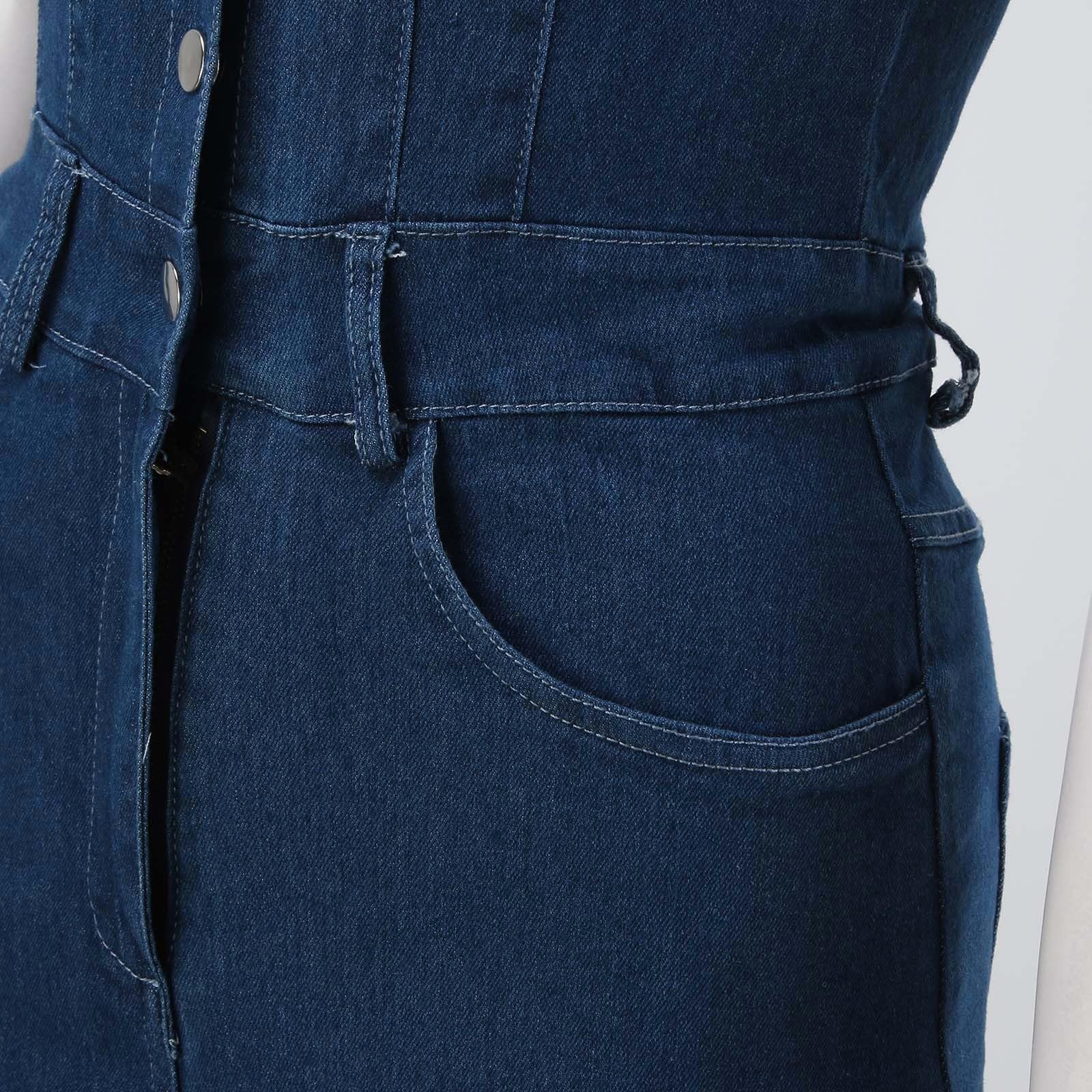 Genérico Mono Mujer Largo Vaquero Ajustado con Botones para Mujer, Mono Largo con Solapa, Pantalones Vaqueros de Longitud, Monos