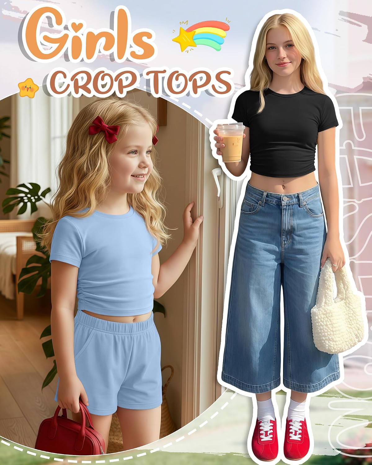3 Pack Girls Crop Tops 5-16y Short Sleeve T-Shirts Tween Girl Slim Crew Neck Ruched Casual Trendy Summer Shirts