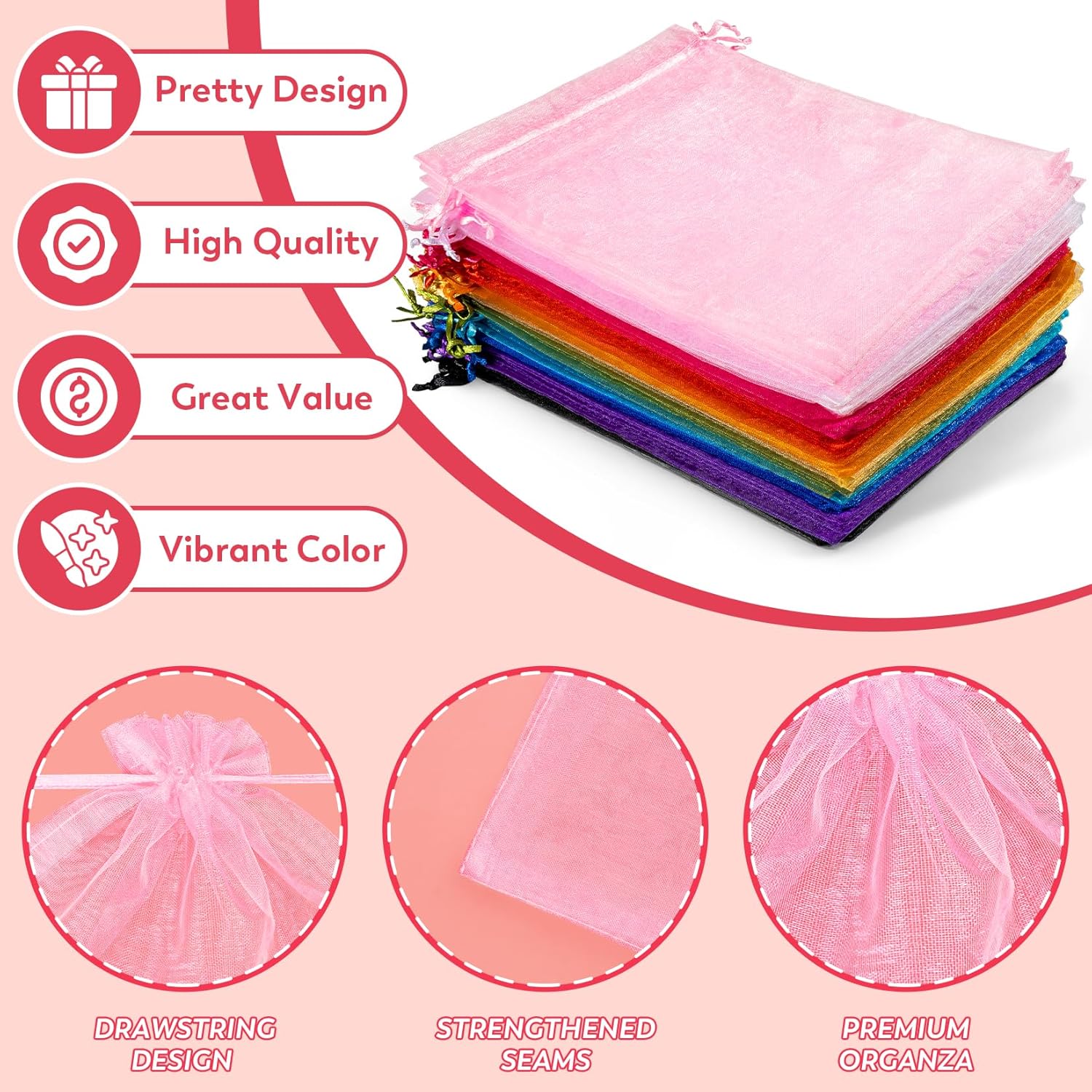 Crweety 50 Pcs Pink Organza Bags 6x9 Inches, Large Mesh Gift Bags Drawstring, Jewelry Treat Mesh Bag Drawstring for Wedding Party Favors Baby Shower Valentine's Day - Image 6