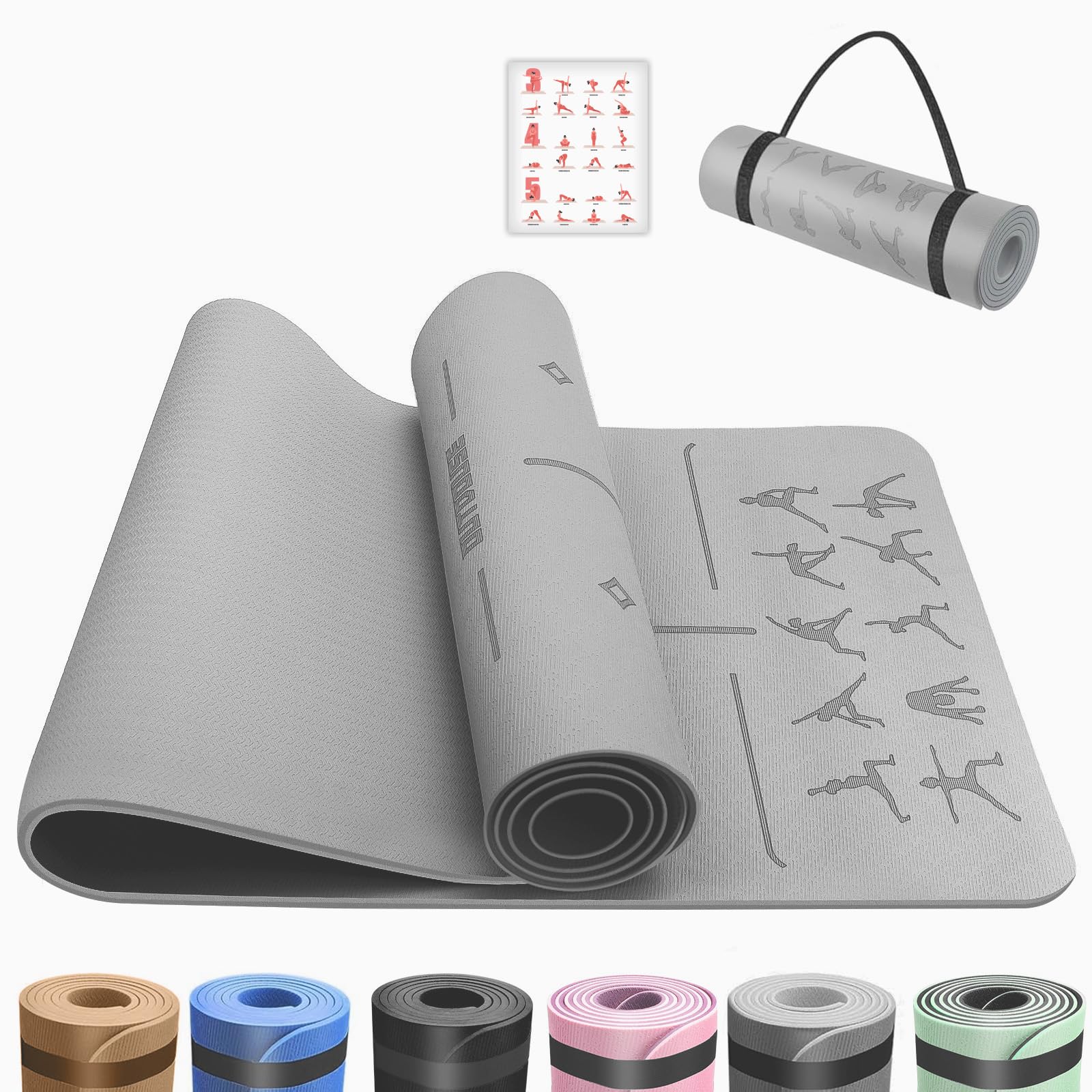 Yoga Mat with Alignment Lines,TPE Sports Exercise Mat,Non-Slip,for Gymnastics,Pilates,Home, Travel,Gymnastics Mat with Storage Straps,Yoga Mats for Women and Men,183x61cm