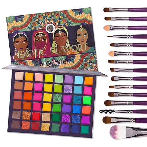 UCANBE EXOTIC FLAVORS - Paleta de sombra de ojos + 15 brochas de ojos, juego de maquillaje de 48 colores neón brillante mate, sombra de ojos Po.