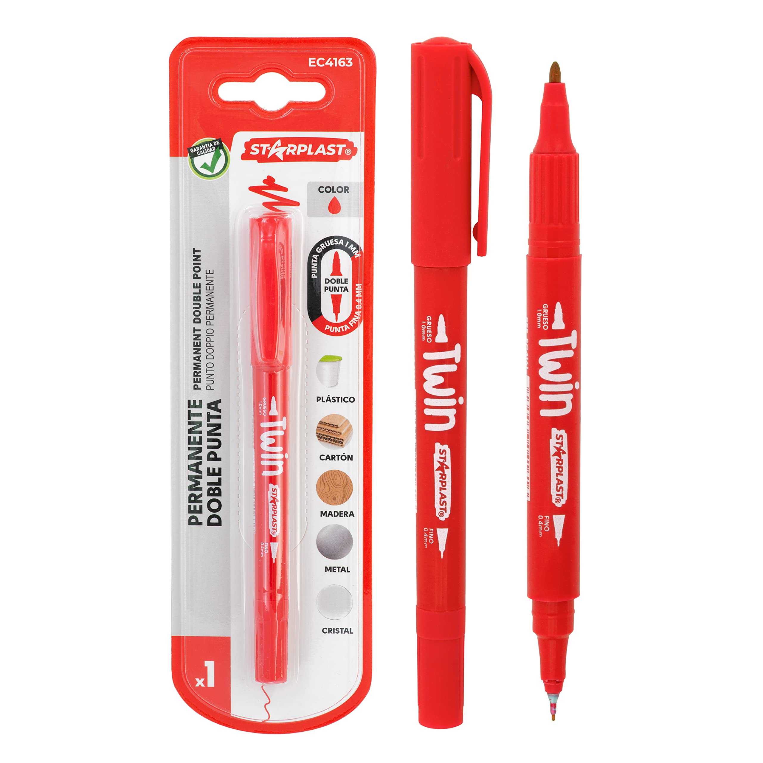 Starplast ROTULADOR PERMANENTE MULTISUPERFICIE DOBLE PUNTA Punta gruesa de 1mm y punta fina de 0.4 mm - ROJO