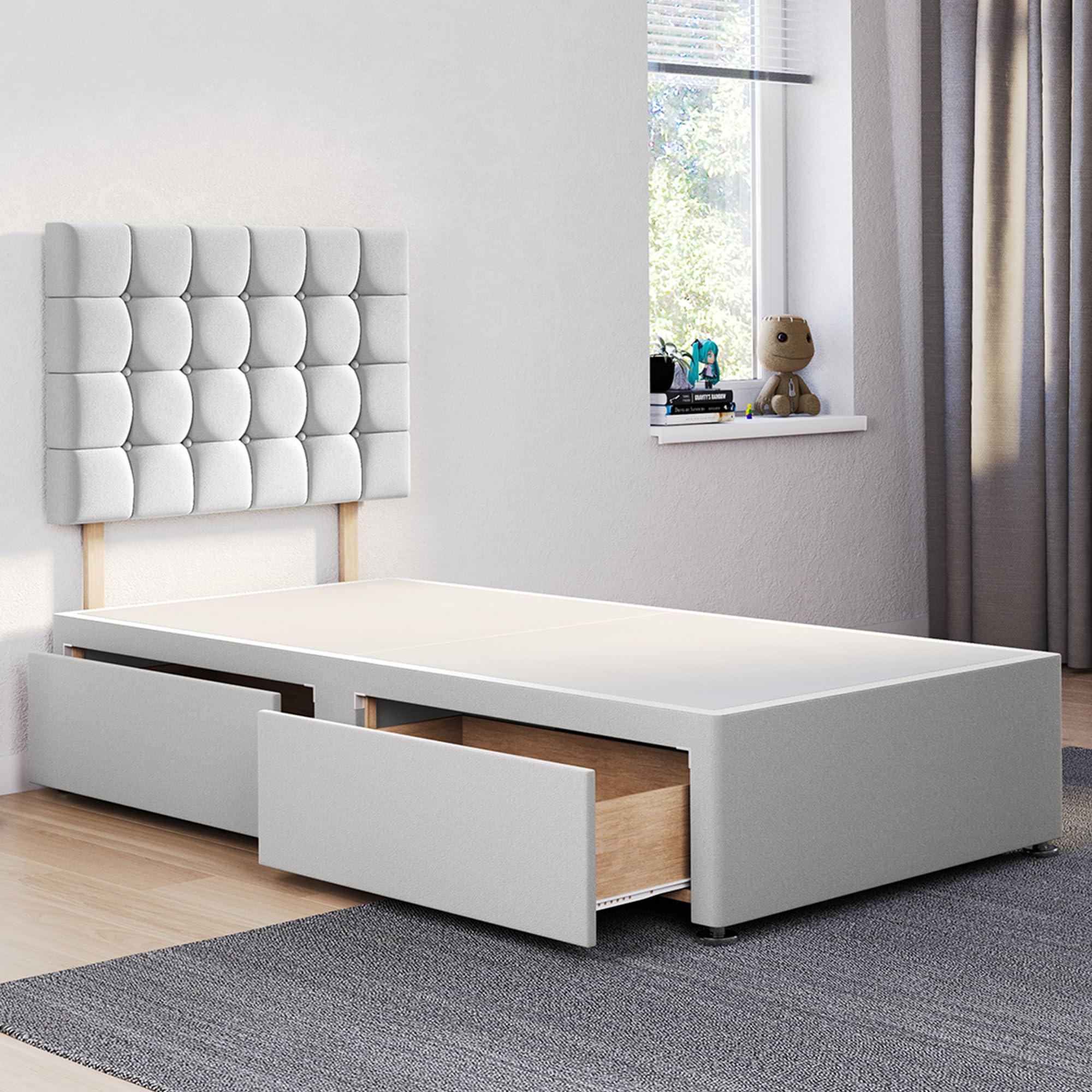 ComfoRest - Chic 3FT Single Divan Bed with 2 Drawers | 24" Cubex Headboard | Stylish Frame with Storage and a Durable Base for Modern Homes (Silver Plush)