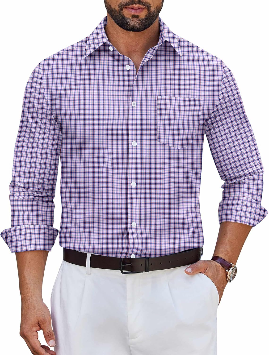 COOFANDY Men's Long Sleeve Plaid Button Down Cotton Wrinkle Free Dress Shirt