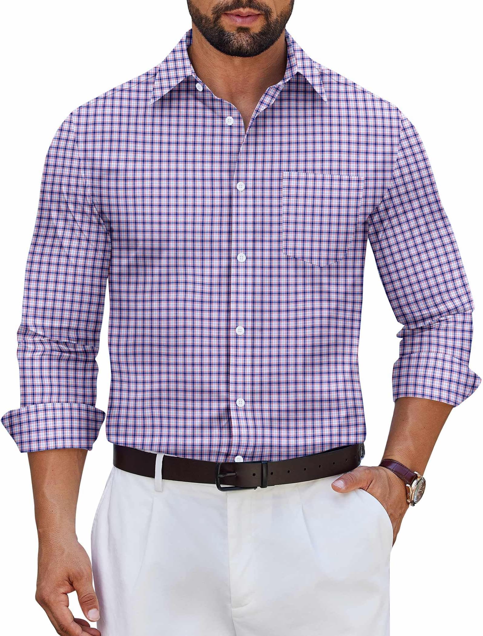 Mens Dress Shirts Long Sleeve Plaid Cotton Button Down Shirts Wrinkle Free Business Casual Shirt