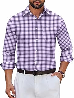 Mens Dress Shirts Long Sleeve Plaid Cotton Button Down Shirts Wrinkle Free Business Casual Shirt