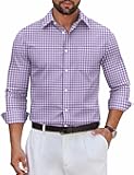 Mens Dress Shirts Long Sleeve Plaid Cotton Button Down Shirts Wrinkle Free Business Casual Shirt
