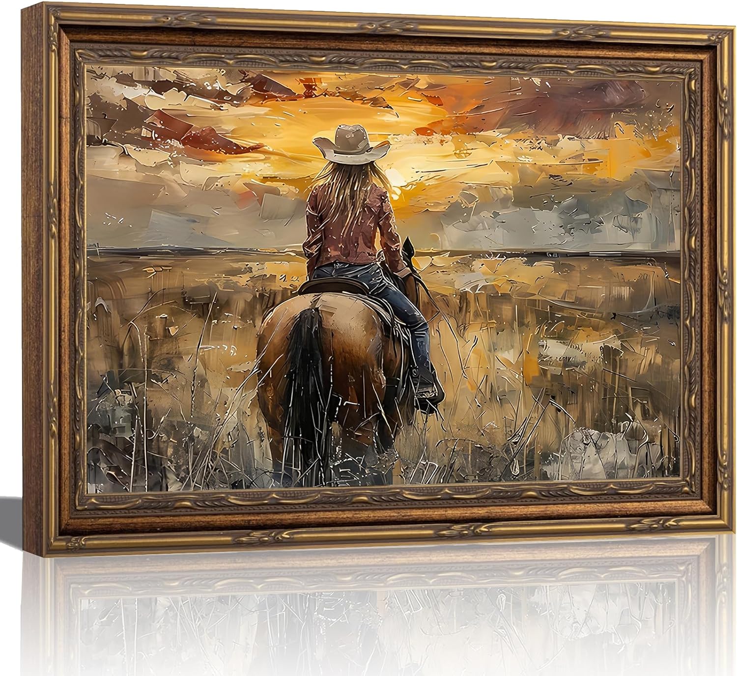 Gold Framed Western Cowgirl Riding Horse Wall Art Cowgirl Wall Decor Sunset Countryside Landscape Vintage Artwork Poster Colorful Western Farmhouse Canvas Prints for Living Room Bedroom 12x16in