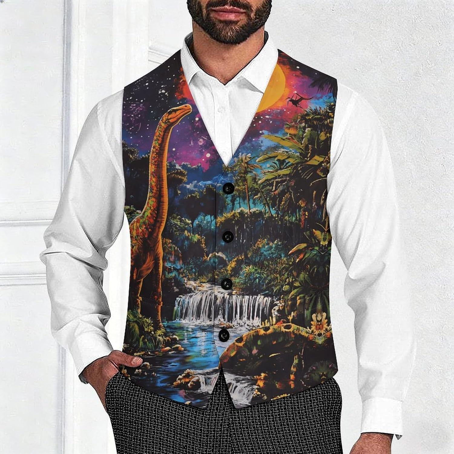 Primeval Forests Dinosaur Blood Moon Men's Formal Suit Vest Slim Waistcoat for Business Tuxedo Dress