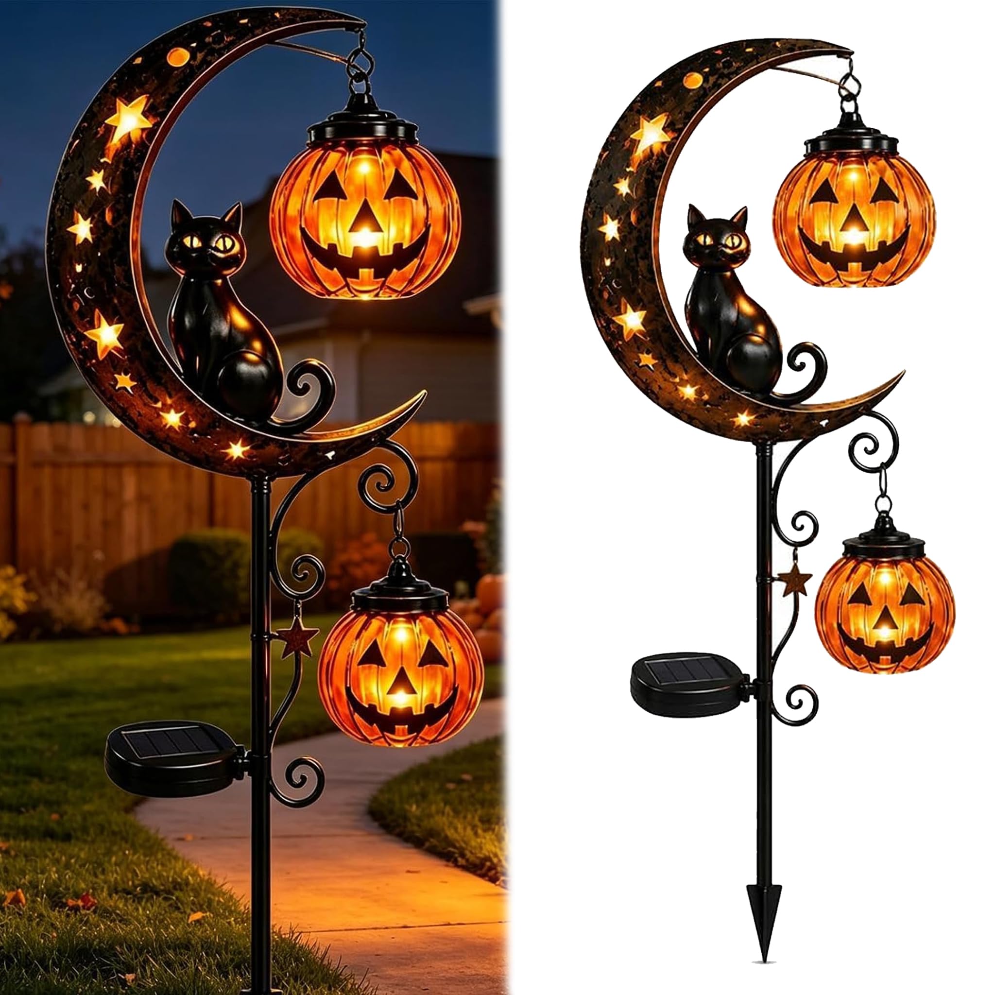 Solar Black Cat Pumpkin Metal Stake Light with Crackle Glass LED (C)