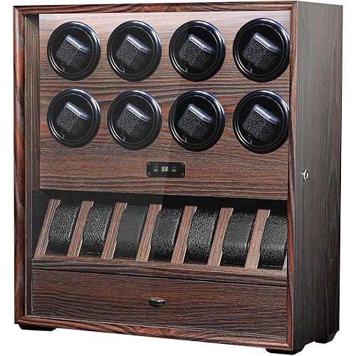 Watch Winder for 4/8 Automatic Watches, Watch Rotator for Rolex 15 Rotation Modes Box with LED Light, Watches Winder Case with Extra Watches Holders and Jewelry Storage Present for Men Quiet Mabuchi Motor