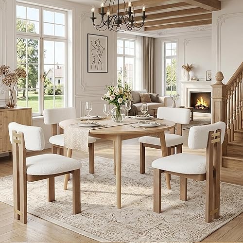 Miniatura 14 de HNY Juego de 4 sillas de comedor modernas de lino, tapizadas de tela beige, con marco de madera natural y respaldo curvado, sillas de madera sin