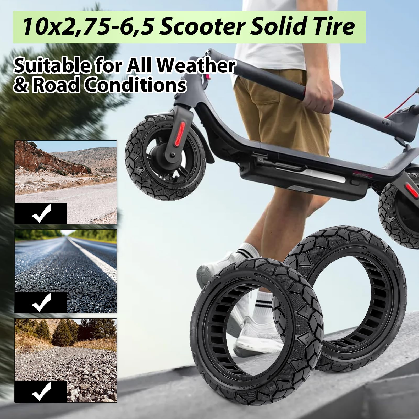 2 Neumáticos Macizos 10" 10x2,75-6,5 70/65-6,5 para Patinete Eléctrico | Compatibles con Hiboy Max3, Dualtron 3, KuKirin G3 y Speedway 5, resistentes al desgaste, ruedas de repuesto sin aire