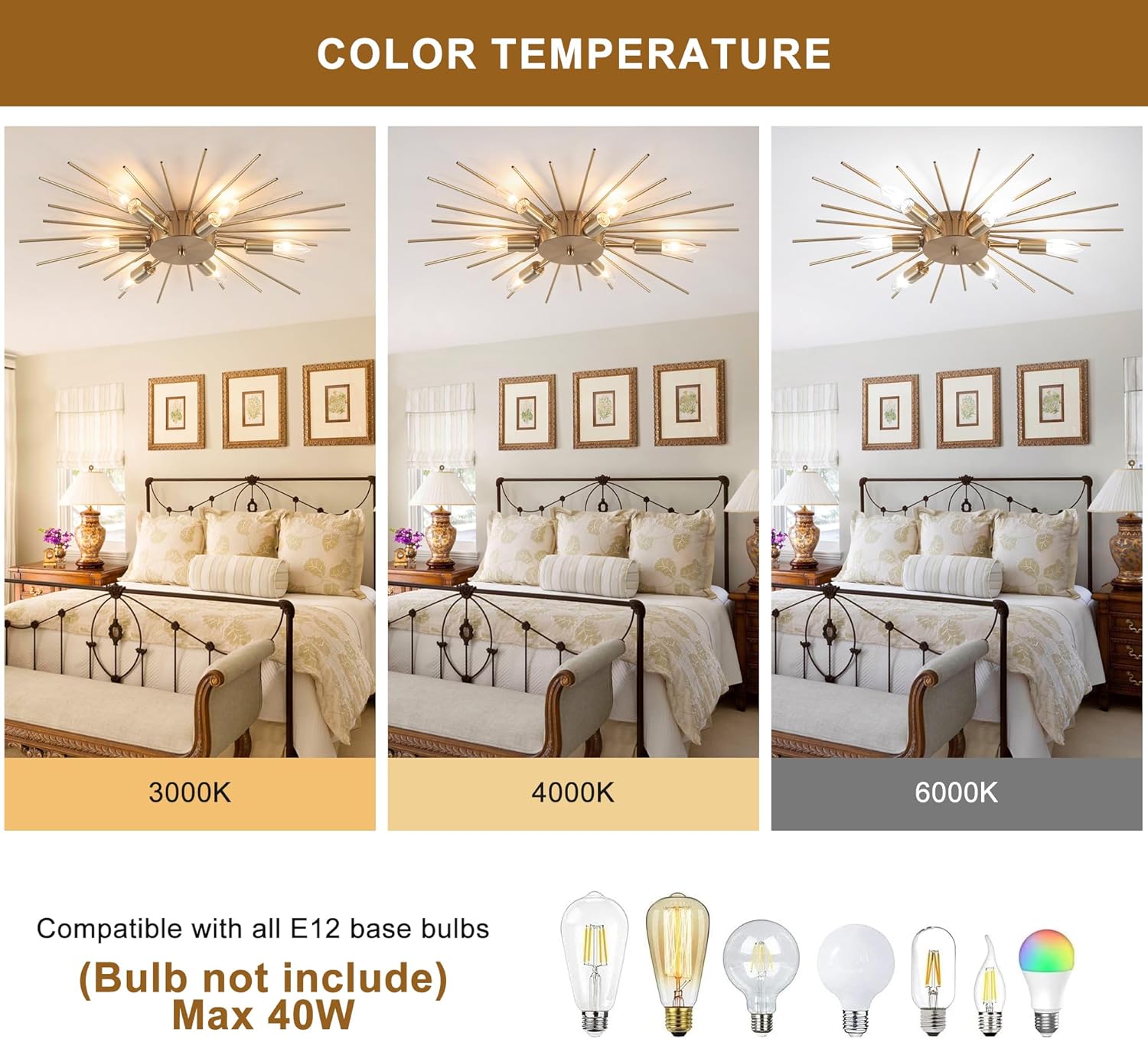 Jaycomey 6-Lights Sputnik Light Fixture Flush Mount Gold Ceiling Lights Modern Firework Metal Ceiling Lighting Mid Century Chandelier for Farmhouse Dining Room Bedroom Hallway Living Room, E12