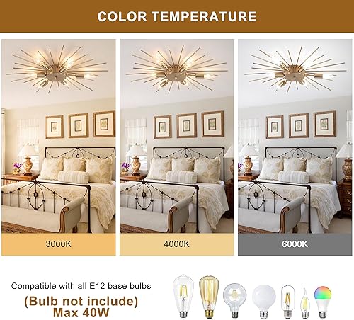 Miniatura 3 de Jaycomey Lámpara Sputnik de 6 luces de montaje empotrado, luces de techo doradas modernas, fuegos artificiales, iluminación de techo de metal,