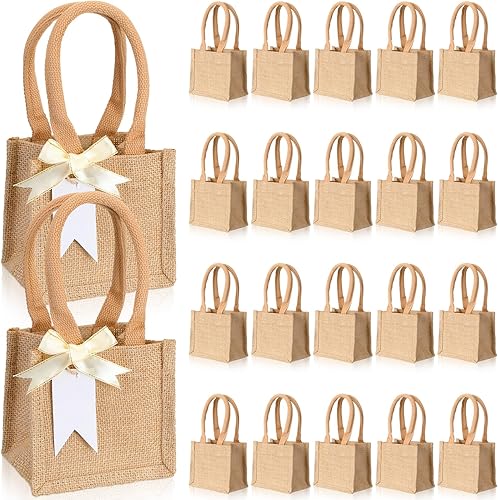 Miniatura 7 de Silkfly 20 mini bolsas de yute de arpillera con asa, pequeñas bolsas de comestibles reutilizables en blanco para profesores, damas de honor, regalos