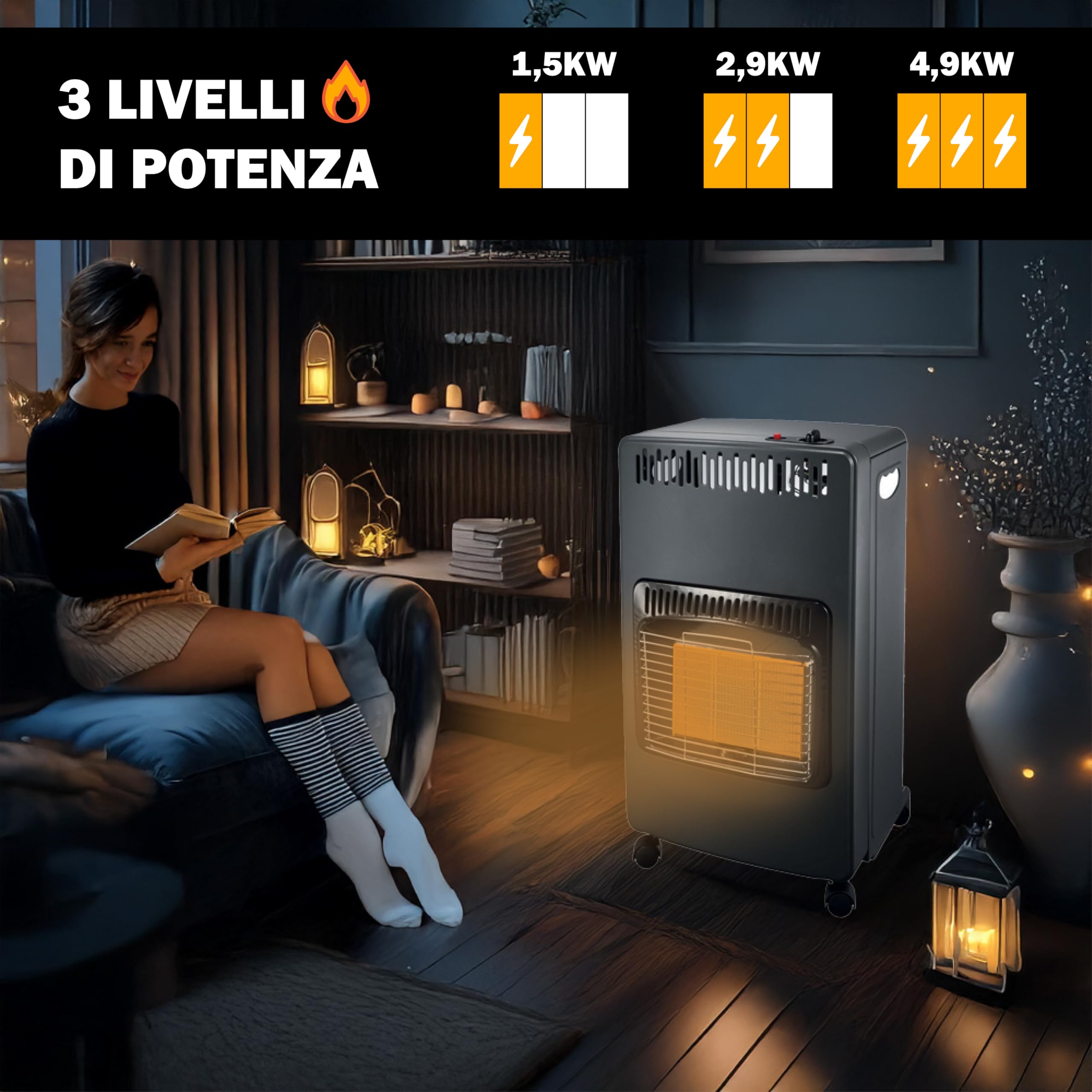 Stufa a Gas 4200W - Bombola 15Kg, 3 Livelli di Riscaldamento, Compatta, 4 Ruote Piroettanti, Accensione Piezoelettrica, Gas GPL, Spegnimento Automatico - (Fiamma Gialla)