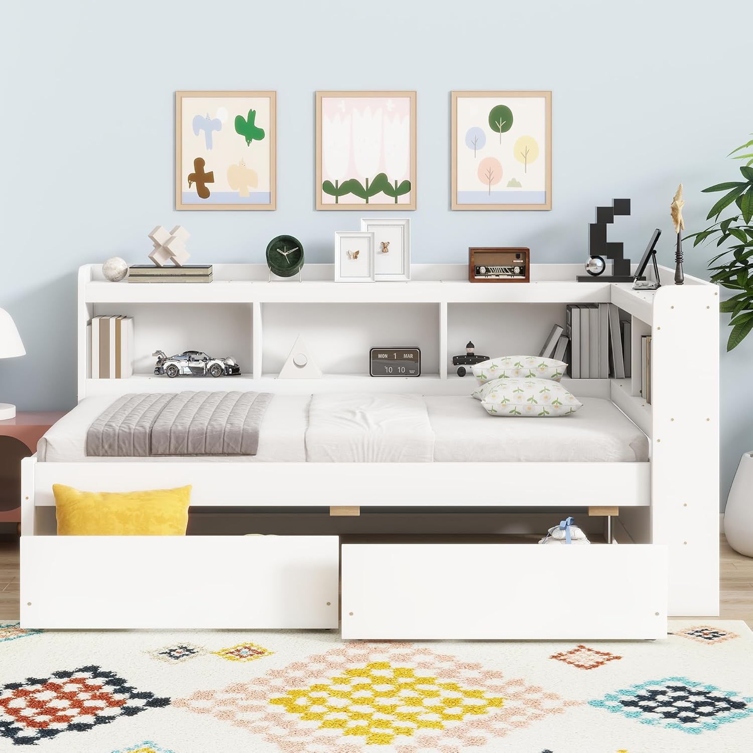 Twin Daybed with Storage Drawers and L-Shaped Bookcases, Solid Wood Platform Bed with Power Outlets, USB Charging Ports, Twin Size Sofa Bed Frame for Bedroom Living Room (White)