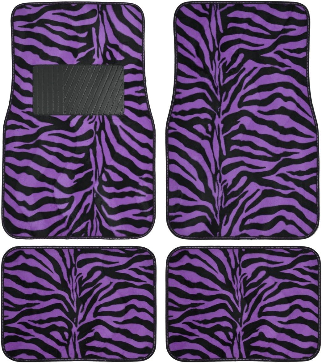 BDK Universal Fit 4-Piece Animal Print Velvet Carpet Floor Mat - (Purple Zebra)