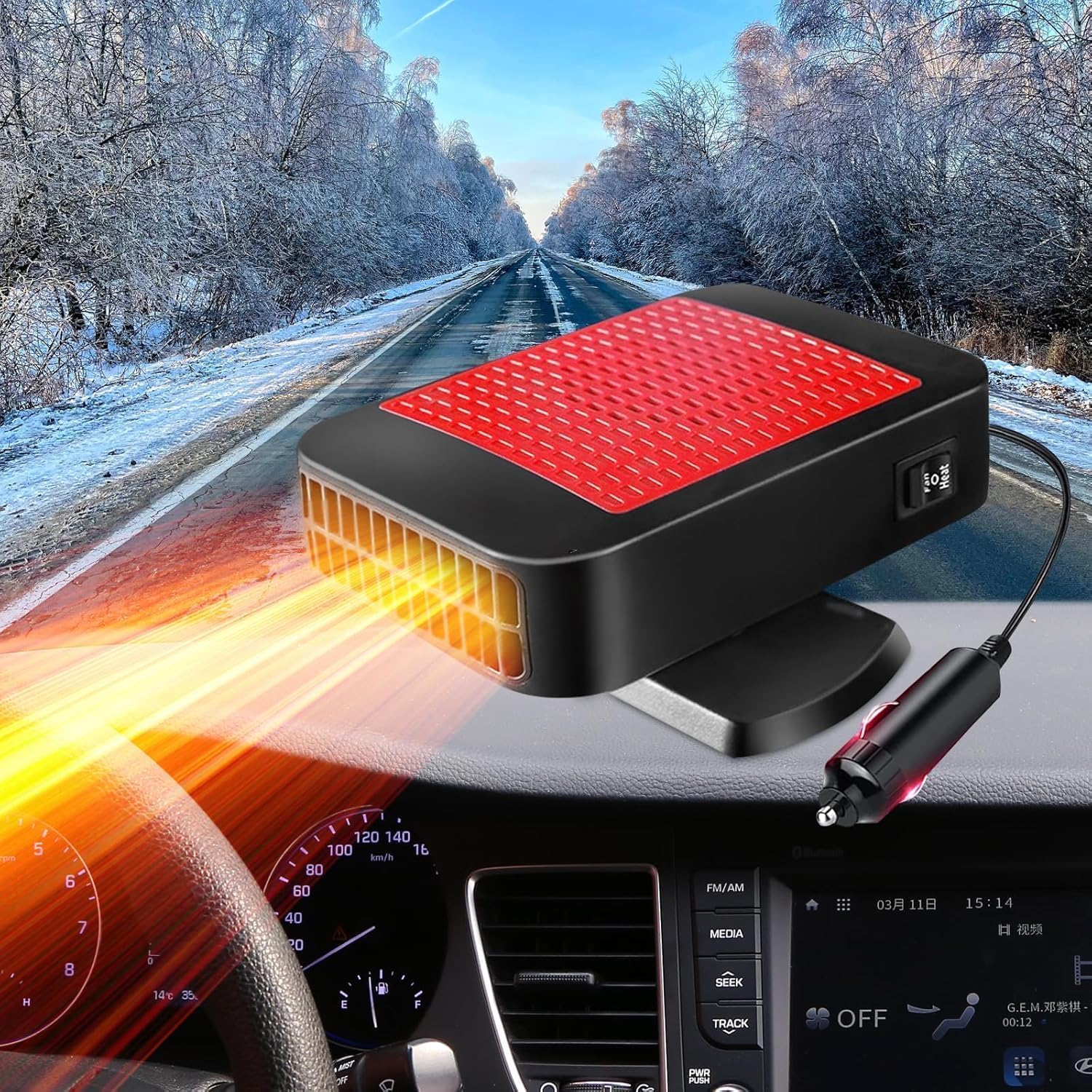 Chauffage de Voiture Portable 12V 200W - Prise Allume-Cigare - Fonction Chauffage/Refroidissement 2 en 1 - Dégivreur Rotatif à 360° - pour Voitures et SUV